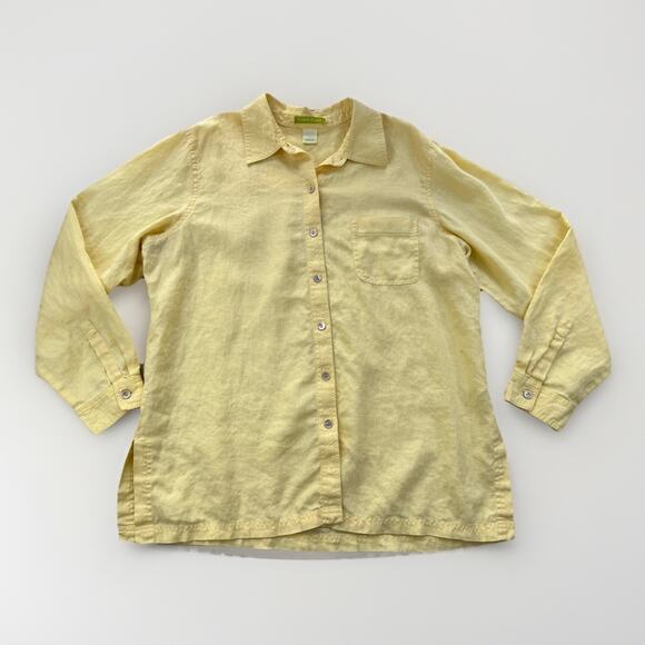 Sigrid Olsen Womens 100% Linen Button Up Shirt L Yellow Lagenlook Collared Tunic - Picture 4 of 16
